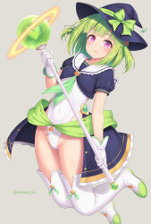 Rule 34 | 1girl, blush, boots, breasts, closed mouth, full body, gloves, green hair, hat, hat ribbon, highleg, highleg swimsuit, highres, one-piece swimsuit, original, pink eyes, puffy short sleeves, puffy sleeves, ribbon, sasaame, short sleeves, simple background, small breasts, smile, solo, staff, swimsuit, thigh boots, twitter username, waist cape, white footwear, white gloves, white one-piece swimsuit, witch hat