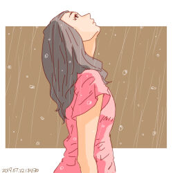 Rule 34 | 1girl, brown hair, commentary request, dated, from side, harry (kamome1398), looking up, original, pink shirt, rain, shirt, signature, solo, upper body