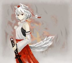 Rule 34 | 1girl, animal ears, aura, bad id, bad pixiv id, detached sleeves, female focus, grey background, hat, high collar, inubashiri momiji, leaf, maple leaf, norixio, pom pom (clothes), short hair, skirt, solo, sword, tail, tokin hat, touhou, vest, weapon, white hair, wolf ears, wolf tail, yellow eyes
