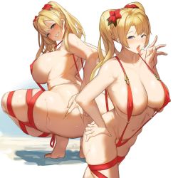 Rule 34 | 1girl, aji (sakanaaj1), areola slip, ass, bare shoulders, blonde hair, blue eyes, blush, breasts, cleavage, collarbone, covered erect nipples, fellatio gesture, flower, granblue fantasy, hair intakes, hibiscus, highres, large breasts, long hair, looking at viewer, multiple views, navel, one-piece swimsuit, open mouth, red one-piece swimsuit, red slingshot swimsuit, slingshot swimsuit, smile, squatting, swimsuit, thighs, tongue, tongue out, twintails, zeta (granblue fantasy)