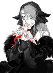 Rule 34 | 2girls, carrying, carrying person, chinese commentary, collar, commentary request, dress, dungeon meshi, falin thorden (chimera), feathered wings, fur-trimmed dress, fur trim, greyscale, hands on another&#039;s cheeks, hands on another&#039;s face, hands up, head scarf, in palm, kimizili, long hair, long sleeves, low wings, marcille donato (dungeon lord), mini person, minigirl, monochrome, multiple girls, off-shoulder dress, off shoulder, outline, parted lips, red outline, ringed eyes, short hair, simple background, size difference, spot color, swept bangs, tail, upper body, white background, wide-eyed, wings