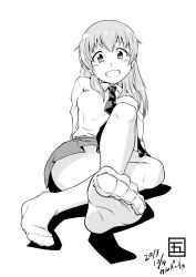 Rule 34 | 10s, 1girl, anzio school uniform, arms behind back, artist name, carpaccio (girls und panzer), character name, dated, dress shirt, feet, foreshortening, full body, girls und panzer, goshaku tama, greyscale, grin, long hair, long sleeves, looking at viewer, miniskirt, monochrome, no shoes, pantyhose, pleated skirt, school uniform, shirt, signature, sitting, skirt, smile, solo, toes