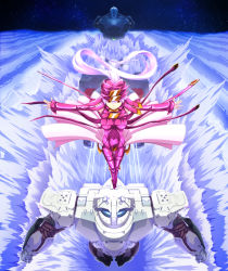Rule 34 | 1girl, dress, full body, highres, long hair, long sleeves, machinery, mecha, mugen no ryvius, neya (mugen no ryvius), outstretched arms, pink dress, red eyes, robot, sky, solo, star (sky), star (symbol), starry background, starry sky, uganda (ugandam 00)