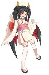 Rule 34 | 1girl, artist name, black hair, commission, commissioner upload, horns, idol corp, lily sin, long hair, looking at viewer, multicolored hair, open mouth, shoes, simple background, thighhighs, thighs, virtual youtuber, watermark, white background, wings