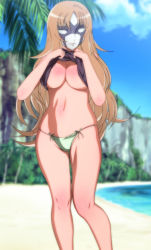 Rule 34 | 10s, 1girl, aquila yuna, bare arms, bare legs, bare shoulders, beach, bikini, black shirt, blonde hair, breasts, brown hair, cleavage, clothes lift, covered face, covering privates, covering nipples, day, embarrassed, faceless, faceless female, green bikini, groin, highres, large breasts, legs, long hair, looking at viewer, mask, navel, ocean, outdoors, palm tree, saint seiya, saint seiya omega, sand, shirt, shirt lift, sky, smile, solo, standing, swimsuit, tagme, thighs, thong, tree, water, yadokari genpachirou