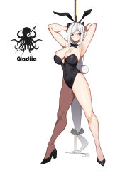 Rule 34 | 1girl, absurdly long hair, absurdres, abyssal hunters logo, alternate costume, animal ears, arknights, armpits, arms up, bare arms, black bow, black bowtie, black footwear, bow, bowtie, breasts, character name, cleavage, commentary, covered navel, detached sleeves, fake animal ears, fake tail, full body, gladiia (arknights), groin, hanenosaki, high heels, highres, large breasts, leotard, long hair, looking to the side, low-tied long hair, pantyhose, playboy bunny, pointy ears, rabbit ears, rabbit tail, red eyes, simple background, skindentation, solo, standing, tail, thighs, v-shaped eyebrows, very long hair, white background, white hair