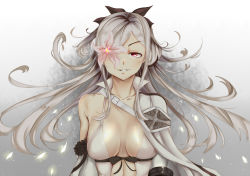 Rule 34 | 1girl, bare shoulders, bow, breasts, breasts apart, drag-on dragoon, drag-on dragoon 3, dress, flower, flower eyepatch, flower over eye, looking at viewer, no bra, rono, solo, white hair, zero (drag-on dragoon)