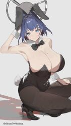 Rule 34 | 1girl, alternate costume, animal ears, black footwear, black leotard, blue eyes, blue hair, bow, bowtie, breasts, chain headband, dimas (dimas79756948), fake animal ears, fake tail, hair intakes, halo, high heels, highres, holocouncil, hololive, hololive english, large breasts, leotard, looking at viewer, mechanical halo, ouro kronii, pantyhose, playboy bunny, rabbit ears, rabbit tail, short hair, smile, solo, squatting, tail, twitter username, virtual youtuber, wrist cuffs