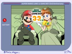 Rule 34 | 1boy, 1girl, anniversary, blue eyes, breasts, brown hair, crown, dress, earrings, facial hair, flower earrings, game boy, gloves, grin, handheld game console, hat, highres, jewelry, mario, mario (series), mountain, mustache, nintendo, orange dress, overalls, princess daisy, puffy short sleeves, puffy sleeves, short sleeves, sitting, smile, smoking pipe, super mario land