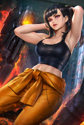 Rule 34 | 1girl, armpits, arms behind head, arms up, artist name, black hair, black shirt, blunt bangs, breasts, clothes around waist, crop top, en&#039;en no shouboutai, fire, large breasts, long hair, looking at viewer, maki oze, midriff, neoartcore, open mouth, pants, patreon username, ponytail, purple eyes, shirt, shirt around waist, sleeveless, sleeveless shirt, solo, tank top, teeth, torn clothes, upper teeth only, watermark, web address, yellow pants