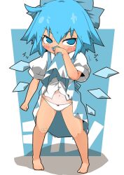 Rule 34 | 1girl, text background, barefoot, blue bow, blue dress, blue eyes, blue hair, bow, bow panties, character name, cirno, clenched hand, clothes lift, dress, dress lift, full body, hair bow, ice, ice wings, lifting own clothes, looking at viewer, medium dress, motion lines, navel, one-piece tan, panties, puffy short sleeves, puffy sleeves, shadow, shirt, short hair, short sleeves, solo, standing, sweat, tan, tanline, touhou, translated, twitter username, underwear, white panties, white shirt, wings, wiping face, wiping sweat, zannen na hito