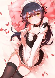 Rule 34 | 1girl, absurdres, apron, bed sheet, black thighhighs, blue hair, blush, closed mouth, covering privates, covering crotch, cowboy shot, detached collar, dress, dress tug, elbow gloves, embarrassed, frills, gloves, goe (g-o-e), hair between eyes, highres, long hair, looking at viewer, love live!, love live! school idol festival, love live! school idol project, lying, maid, maid apron, maid headdress, on back, on bed, panties, pantyshot, petals, pillow, ribbon, skirt, solo, sonoda umi, strap slip, thighhighs, underwear, waist apron, white gloves, white panties, yellow eyes