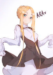 Rule 34 | 1girl, abigail williams (fate), abigail williams (festival outfit) (fate), absurdres, black dress, blonde hair, blue eyes, blush, braid, breasts, closed mouth, commentary request, dress, fate/grand order, fate (series), forehead, gradient background, grey background, hami (wjdwlsdnr112), heart, heroic spirit festival outfit, highres, korean commentary, long hair, long sleeves, official alternate costume, parted bangs, shirt, sidelocks, sleeveless, sleeveless dress, sleeves past fingers, sleeves past wrists, small breasts, smile, solo, very long hair, white background, white shirt