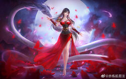 Rule 34 | 1girl, absurdres, bare legs, barefoot, black hair, bug, butterfly, chi lian (qin shi ming yue), closed mouth, dress, full body, hair ornament, hand up, highres, insect, long hair, moon, narrow waist, night, qinshi mingyue, red dress, sash, second-party source, smile, snake, solo, xiaoxuan chuang wxc