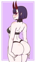 Rule 34 | 1girl, artist name, ass, ass grab, back, bare back, bare shoulders, beckarts, blush, bob cut, breasts, cowboy shot, eyeliner, fate/grand order, fate (series), from behind, grabbing own ass, halterneck, horns, huge ass, looking at viewer, makeup, oni, open mouth, pointy ears, purple background, purple eyes, purple hair, revealing clothes, short eyebrows, short hair, shuten douji (fate), sideways glance, simple background, skin-covered horns, small breasts, smile, solo, thick thighs, thighs, thong, wide hips