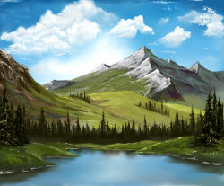 Rule 34 | bob ross, cloud, day, forest, lake, landscape, mountain, nature, no humans, scenery, sky, teku