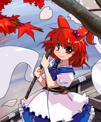 Rule 34 | 1girl, boat, branch, female focus, hair bobbles, hair ornament, hitodama, iyau, leaf, looking at viewer, maple leaf, onozuka komachi, red eyes, red hair, sash, scythe, short sleeves, smile, solo, touhou, twintails, two side up, water, watercraft