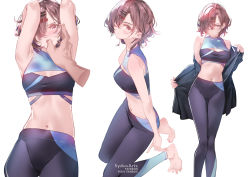 Rule 34 | 1boy, 1girl, armpits, arms up, bare shoulders, barefoot, black pants, blush, brown hair, closed mouth, crop top, finger in another&#039;s mouth, hair ornament, hairclip, high-waist pants, higuchi madoka, idolmaster, idolmaster shiny colors, jacket, kneeling, leggings, looking at viewer, midriff, mole, mole under eye, navel, open mouth, pants, pov, pov hands, purple eyes, short hair, solo focus, sportswear, standing, swept bangs, sydus, tank top, tight clothes, tight pants, toes, undressing, yoga pants