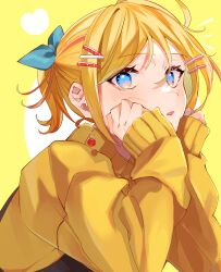 Rule 34 | 1girl, absurdres, aqua bow, blonde hair, blue eyes, bow, cheek rest, commentary, earrings, eyelashes, hair bow, hair ornament, hairclip, hands on own cheeks, hands on own face, head rest, highres, inubangarou, jewelry, kagamine rin, light blush, looking at viewer, parted lips, short ponytail, sideways glance, solo, surprised, sweater, vocaloid, yellow background, yellow sweater