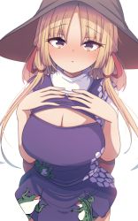 Rule 34 | 1girl, adapted costume, animal print, blonde hair, blush, breasts, brown hat, cleavage, darumoon, frog print, hair ribbon, hat, highres, large breasts, long hair, long sleeves, looking at viewer, moriya suwako, parted lips, red ribbon, ribbon, simple background, solo, touhou, tress ribbon, white background, wide sleeves, yellow eyes