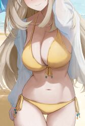 Rule 34 | 1girl, absurdres, beach, bikini, blue archive, blush, breasts, cleavage, facing viewer, front-tie top, head out of frame, highres, large breasts, light brown hair, long hair, long sleeves, mikka (537125), navel, nonomi (blue archive), nonomi (swimsuit) (blue archive), official alternate costume, open clothes, open shirt, outdoors, see-through, see-through shirt, side-tie bikini bottom, smile, solo, standing, stomach, string bikini, swimsuit, thigh gap, water, yellow bikini