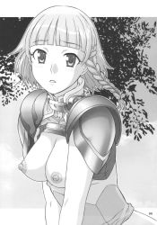 Rule 34 | 1girl, armor, banpresto, blunt bangs, blush, braid, breasts, cloud, embarrassed, greyscale, hair ornament, hairclip, highres, large breasts, leaf, leaning forward, looking at viewer, looking back, monochrome, namco, nipples, no bra, non-web source, open clothes, open shirt, outdoors, pauldrons, perky breasts, profile, public indecency, public nudity, puffy nipples, scan, seolla schweizer, shirt, short hair, shoulder armor, shoumaru (gadget box), side braid, sky, solo, super robot wars, tree, turtleneck, upper body