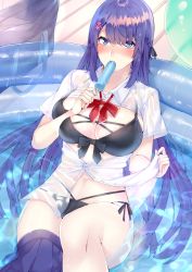 Rule 34 | 1girl, bikini, blouse, blue eyes, blush, breasts, cleavage, commentary request, eating, food, highres, kaerunoashi, large breasts, long hair, looking at viewer, navel, open clothes, open shirt, original, partially submerged, popsicle, purple hair, shirt, skirt, solo, swimsuit, unworn skirt, water, wet, white shirt