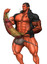 Rule 34 | 10s, 1boy, abs, bara, body hair, brown hair, censored, condom, erection, final fantasy, final fantasy xv, gladiolus amicitia, highres, huge penis, male focus, muscular, pectorals, penis, red eyes, scar, solo, tattoo, testicles, undressing, yuatari