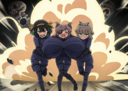 Rule 34 | 3girls, alternate costume, black-framed eyewear, black gloves, black hair, blue hair, bodysuit, breasts, circular saw, closed mouth, commentary request, demon girl, demon horns, explosion, expressionless, eyepatch, flat chest, full body, gigantic breasts, glasses, gloves, green eyes, grey bodysuit, grey hair, grey wings, hairband, head wings, heebee, horns, looking at viewer, multicolored hair, multiple girls, nanashi inc., open mouth, oura rukako, pink hair, pointy ears, red eyes, running, saw, sekishiro mico, shishio chris, short hair, skeleton, tactical clothes, tearing up, two-tone hair, v-shaped eyebrows, virtual youtuber, wings, yellow hairband