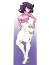 Rule 34 | 1girl, absurdres, big hair, boots, breasts, creatures (company), full body, game freak, glasses, gradient background, green eyes, hands on own hips, high heel boots, high heels, highres, huge breasts, long sleeves, looking to the side, narrow waist, nintendo, parted lips, pencil skirt, pink-framed eyewear, pokemon, pokemon sm, purple background, purple hair, skin tight, skirt, solo, standing, thigh boots, thighhighs, turtleneck, two-tone background, white background, wicke (pokemon), wide hips, zcune