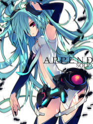 Rule 34 | 1girl, aqua hair, armpits, bad hands, belt, elbow gloves, artistic error, feathers, fingerless gloves, gloves, hatsune miku, hatsune miku (append), long hair, md5 mismatch, navel, necktie, red eyes, rugo, solo, thighhighs, twintails, very long hair, vocaloid, vocaloid append, zettai ryouiki