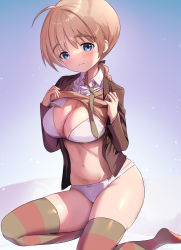 Rule 34 | 1girl, black jacket, blue eyes, blush, bra, braid, breasts, brown hair, clothes lift, highres, jacket, large breasts, long hair, looking at viewer, lynette bishop, mejina, multicolored clothes, multicolored legwear, navel, open clothes, open jacket, panties, shiny skin, shirt lift, single braid, skindentation, strike witches, striped clothes, striped thighhighs, sweater vest, thighhighs, underwear, white bra, white panties, world witches series