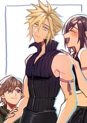 Rule 34 | 1girl, 2boys, absurdres, apron, arm ribbon, bare shoulders, birthday, black apron, black hair, black vest, blonde hair, blue eyes, blush, brown hair, child, closed mouth, cloud strife, collarbone, commentary, crop top, denzel (ff7), facing another, final fantasy, final fantasy vii, final fantasy vii advent children, green jacket, hair between eyes, hand on another&#039;s arm, hand on another&#039;s back, highres, jacket, long hair, looking at another, midriff peek, multiple boys, open mouth, popped collar, profile, red ribbon, ribbed shirt, ribbon, seilidare, shirt, short hair, simple background, sleeveless, sleeveless shirt, smile, spiked hair, symbol-only commentary, tank top, tifa lockhart, upper body, vest, waist apron, white tank top, zipper