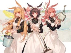 Rule 34 | 3girls, apron, black dress, black hair, blonde hair, bow, breasts, brooch, bucket, chocoan, dress, fate/grand order, fate (series), flower, head wings, hildr (fate), hildr (valkyrie style) (fate), jewelry, juliet sleeves, long hair, long sleeves, maid, maid apron, maid day, maid headdress, medium breasts, mop, multiple girls, ortlinde (fate), ortlinde (valkyrie style) (fate), pink eyes, pink hair, puffy sleeves, short hair, thrud (fate), thrud (valkyrie style) (fate), valkyrie (fate), watering can, white apron, wings