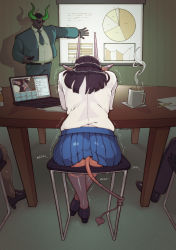 Rule 34 | 1boy, 1girl, absurdres, black footwear, black hair, blue skirt, borrowed character, colored skin, commentary, computer, cup, demon boy, demon girl, demon horns, demon tail, english commentary, female masturbation, highres, horns, indoors, laptop, long hair, long sleeves, masturbation, mesara (sulcate), multicolored skin, necktie, original, pants, pleated skirt, pointy ears, red skin, sex toy, shirt, sitting, skirt, stealth masturbation, steam, stool, sulcate, table, tail, trembling, vibrator, white shirt