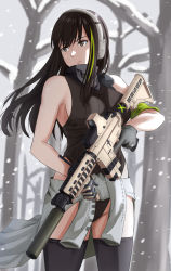 Rule 34 | 1girl, assault rifle, black scarf, black thighhighs, brown eyes, brown hair, brown sweater vest, closed mouth, cyka, feet out of frame, girls&#039; frontline, gloves, grey gloves, gun, headset, highres, holding, holding gun, holding weapon, leotard, long hair, looking away, m4 carbine, m4a1 (girls&#039; frontline), multicolored hair, rifle, scarf, snowflakes, solo, standing, sweater vest, thighhighs, tree, weapon, winter