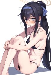 Rule 34 | 1girl, bikini, black bikini, black hair, blue archive, blue eyes, blue hairband, blush, breasts, commentary request, crossed bangs, dosu (doseven), hair between eyes, hairband, halo, halterneck, highres, legs, long hair, looking at viewer, medium breasts, navel, o-ring, o-ring bikini, o-ring bottom, o-ring top, official alternate costume, ponytail, ribs, simple background, sitting, solo, string bikini, swimsuit, thighs, ui (blue archive), ui (swimsuit) (blue archive), white background