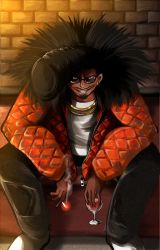 Rule 34 | 1boy, beard, black hair, black pants, brick wall, brown eyes, cigarette, coat, commentary request, cookie (touhou), cup, drinking glass, earrings, facial hair, full body, fur coat, grin, highres, jewelry, leaning forward, looking at viewer, male focus, mishou kazuya (cookie), mustache, necklace, open clothes, open coat, pants, pompadour, red coat, sakuna brownie, shirt, shoes, shumiyou desu, sitting, smile, smoking, solo, sunglasses, white footwear, white shirt, wine glass, zipper pull tab