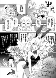 Rule 34 | 1boy, 4girls, 5koma, angel wings, angry, animal ears, bare arms, blue archive, blush, breasts, briefcase, cleavage, comic, commentary request, cosplay, cup, fake animal ears, fake tail, feathered wings, flower, greyscale, hair flower, hair ornament, halo, high heels, highres, holding, holding cup, leotard, long hair, looking at another, medium breasts, mika (blue archive), monochrome, multiple girls, nagisa (blue archive), niku-name, open mouth, playboy bunny, rabbit ears, rabbit tail, sensei (blue archive), smile, sparkle, spit take, spitting, straight hair, tail, tea party militant (blue archive), teacup, thighhighs, toki (blue archive), toki (blue archive) (cosplay), toki (bunny) (blue archive), translation request, wings