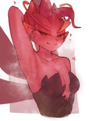 Rule 34 | 1girl, absurdres, arm up, armpit focus, armpits, blush, breasts, closed mouth, collarbone, colored skin, cropped torso, dark willow, dota (series), dota 2, heart, highres, looking at viewer, medium breasts, monster girl, naughty face, pointy ears, presenting, presenting armpit, red eyes, red skin, shiny skin, short hair, smell, smile, solo, sorapoi, steaming body, sweat, upper body, white background, wings