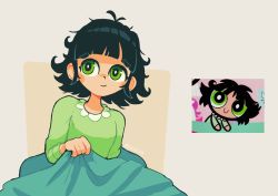 Rule 34 | 1girl, antenna hair, beige background, black hair, blanket, blunt bangs, blush, buttercup (ppg), buttercup redraw challenge (meme), closed mouth, derivative work, gaziter, green eyes, grey background, highres, holding, holding blanket, meme, messy hair, powerpuff girls, reference photo, screencap inset, screencap redraw, short hair, simple background, smile, solo, twitter username