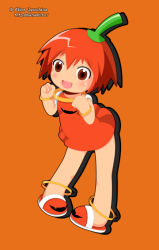 Rule 34 | 1girl, alice vysochina, anklet, artist name, blush, boukun habanero, bracelet, chibi, chili pepper, clenched hands, dress, habanero-tan, habanero pepper, jewelry, open mouth, original, personification, product girl, red eyes, red hair, short hair, simple background, slippers, solo