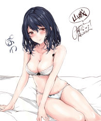 Rule 34 | 10s, 1girl, arm support, bare legs, bare shoulders, bed sheet, black bow, black hair, blush, bow, bow bra, bow panties, bra, breasts, cleavage, closed mouth, collarbone, hair between eyes, kantai collection, lingerie, looking at viewer, medium breasts, medium hair, panties, red eyes, rizzl, signature, simple background, sitting, smile, solo, speech bubble, stomach, thighs, underwear, underwear only, wavy hair, white background, white bra, white panties, yamashiro (kancolle)