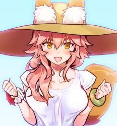 Rule 34 | 1girl, animal ear fluff, animal ears, blue background, blush, breasts, clenched hand, collarbone, fang, fate/grand order, fate (series), fox ears, fox girl, fox tail, green bracelet, hair between eyes, hat, large breasts, long hair, open mouth, pink hair, shirt, short sleeves, smile, solo, sun hat, tail, tamamo (fate), tamamo no mae (fate/extra), tamamo no mae (swimsuit lancer) (fate), white shirt, white wristband, yellow eyes, yurizuka (sergeant heart)