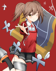 Rule 34 | 1girl, abataa, absurdres, black skirt, brown hair, collared shirt, commentary request, dress shirt, flight deck, highres, japanese clothes, kantai collection, kariginu, long hair, looking at viewer, magatama, one eye closed, pleated skirt, red background, ryuujou (kancolle), scroll, shikigami, shirt, skirt, solo, twintails