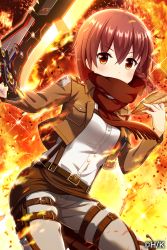 Rule 34 | 1girl, absurdres, ahoge, alternative girls, bow, braid, brown eyes, brown hair, brown jacket, cosplay, dress shirt, grey pants, hair between eyes, hair bow, highres, holding, holding sword, holding weapon, holster, jacket, long hair, looking at viewer, military, military uniform, pants, red bow, red scarf, scarf, shingeki no kyojin, shirt, solo, sword, thigh holster, uniform, weapon, white shirt, yuuki miyaka