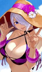 Rule 34 | 1girl, angel (kof), bikini, black choker, blue eyes, bracelet, breasts, choker, cleavage, cloud, horns pose, flower, hair over one eye, hat, hat flower, highres, index fingers raised, jewelry, large breasts, looking at viewer, midriff, navel, oni gini, open mouth, pink flower, short hair, skirt, smile, snk, solo, straw hat, swimsuit, the king of fighters, the king of fighters all-stars, toned, tongue, tongue out, white hair