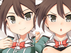 Rule 34 | &gt;:o, 10s, 1girl, :o, bad id, bad pixiv id, blush, bow, bra, breasts, brown hair, close-up, dakimakura (medium), grey eyes, jingai modoki, kantai collection, long hair, multiple views, nipples, no bra, open clothes, open mouth, puffy short sleeves, puffy sleeves, remodel (kantai collection), short sleeves, small breasts, smile, tone (kancolle), tsurime, twintails, underwear, v-shaped eyebrows