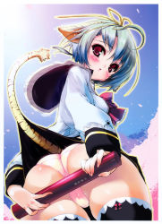 Rule 34 | 1girl, absurdres, animal ears, ass, black thighhighs, blue hair, blue sky, blush, cherry blossoms, day, diploma, from below, hair ribbon, highres, lace, lace-trimmed legwear, lace trim, looking at viewer, looking back, looking down, miniskirt, original, panties, pantyshot, parted lips, petals, pink panties, red eyes, ribbon, school uniform, short hair, skirt, sky, solo, tail, thighhighs, tiger ears, tiger tail, underwear, upskirt, urotan
