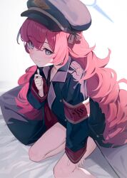 Rule 34 | 1girl, black coat, black hat, black shirt, blue archive, blue halo, closed mouth, coat, grey eyes, halo, hat, highres, iroha (blue archive), kyaroru, long hair, long sleeves, looking at viewer, open clothes, open coat, peaked cap, red hair, shirt, simple background, smile, solo, white background